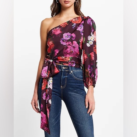 Express Tops - Express Floral One Shoulder Blouse Small Pink Purple Moody Botanical Dramatic